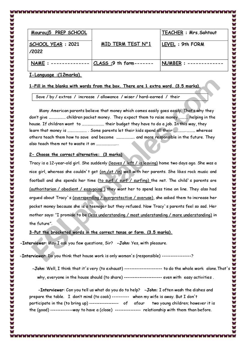 mid term test1 9th form - ESL worksheet by Fatma Gargouri