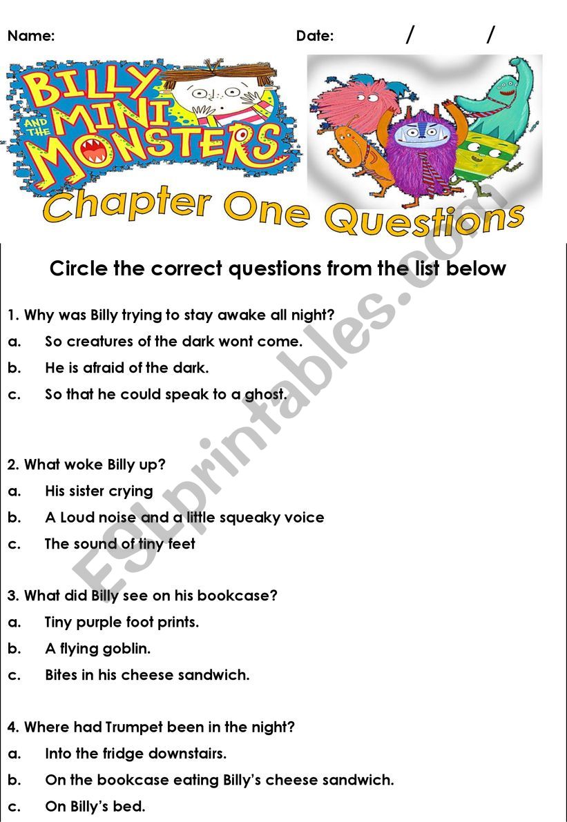 Billy & The Mini-Monsters Chapter 1 Comprehension Questions
