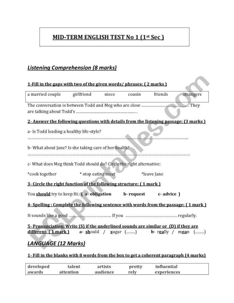 Mid-term test 1 , !st Form worksheet