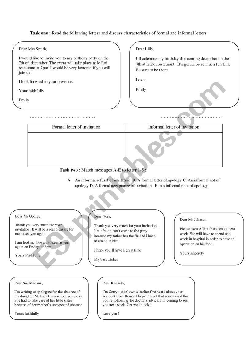 formal and informal letters worksheet
