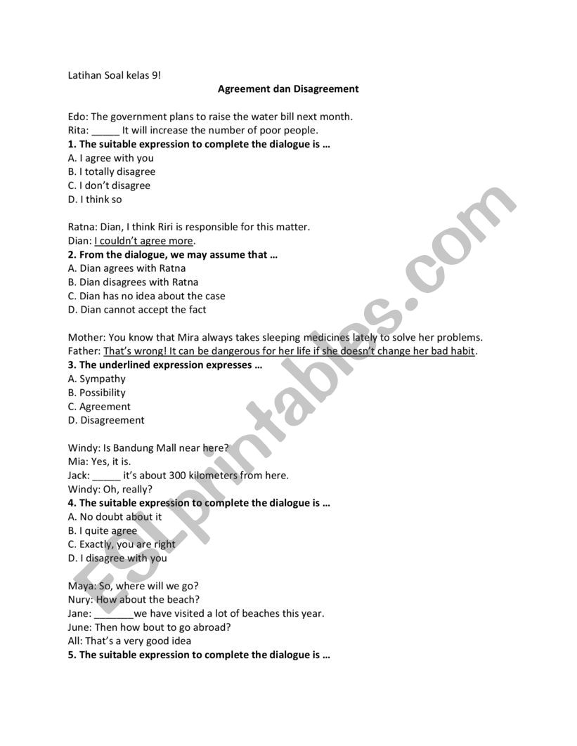 AGREEMENT AND DISAGREEMENT worksheet