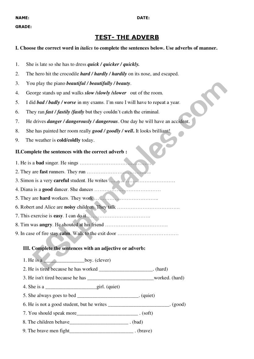 the adverb test worksheet