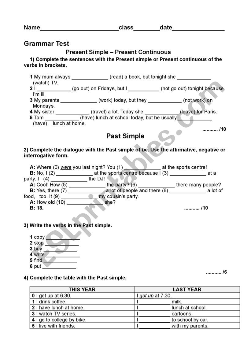 Grammar test  worksheet