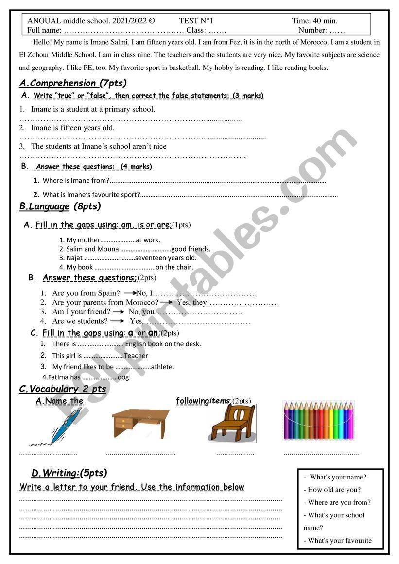 TEST N 1 worksheet