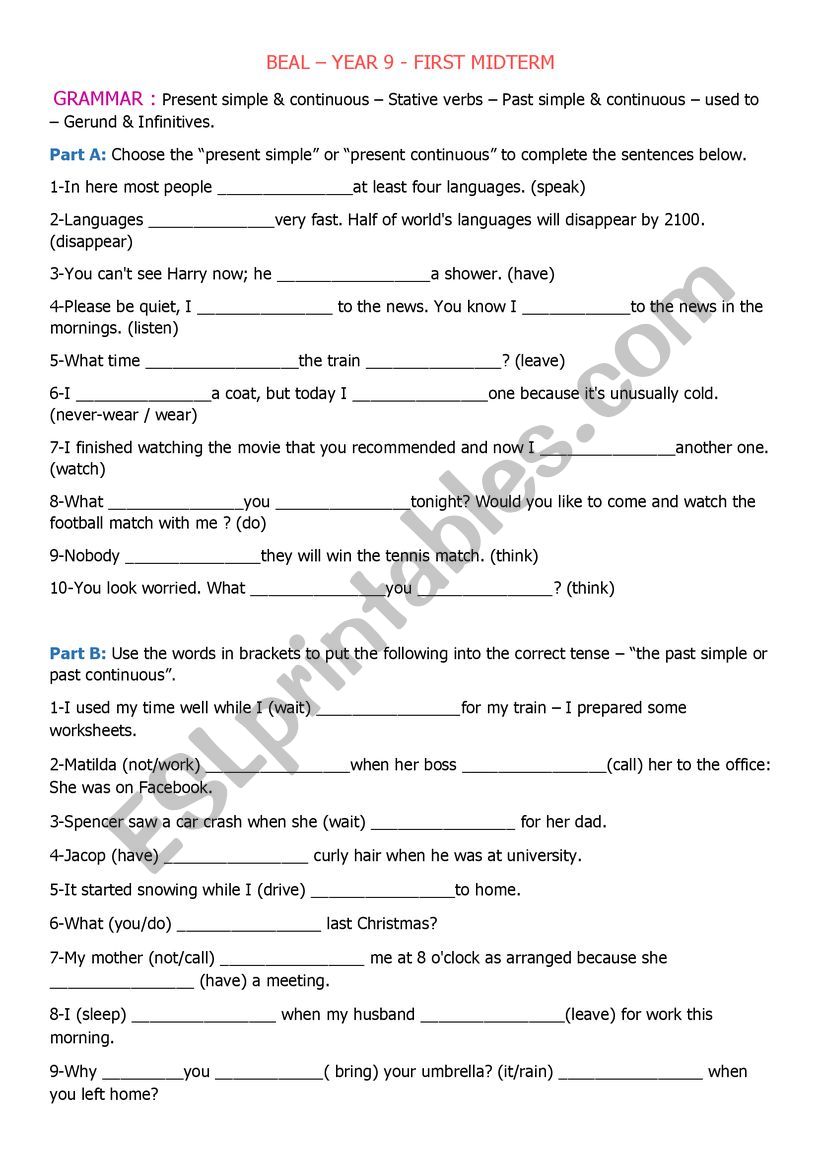 Mid-term Year 9  worksheet