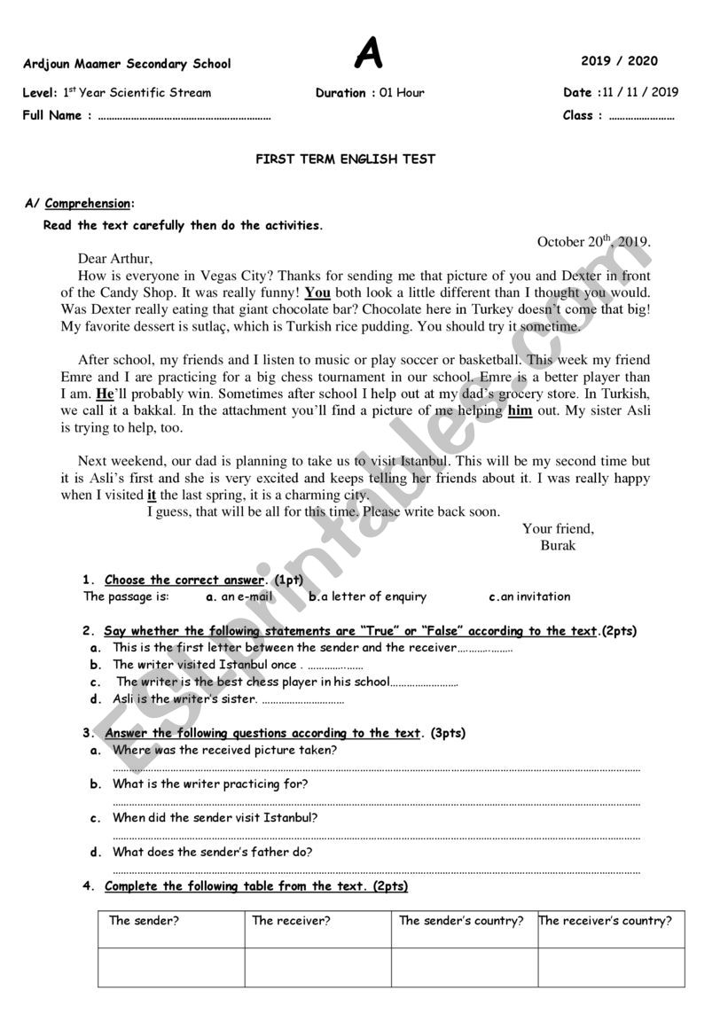 English test worksheet