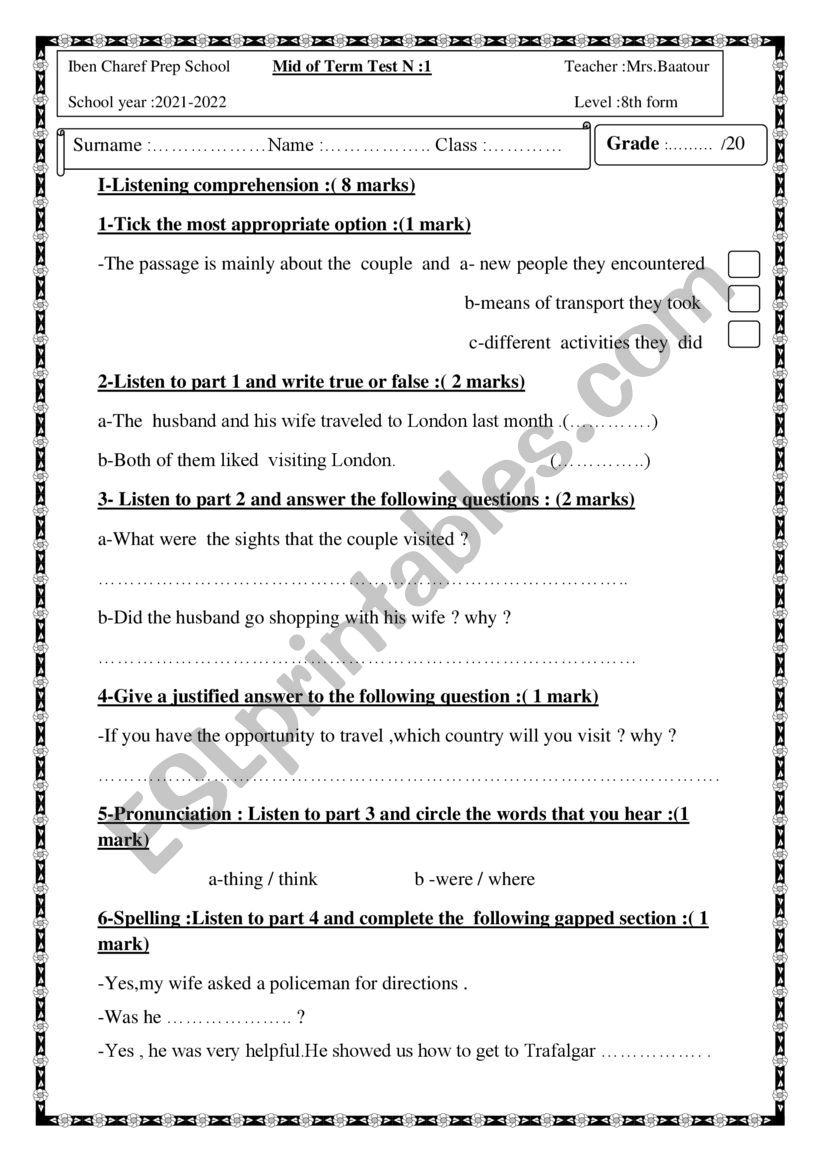  Mid of term test for 8th formers