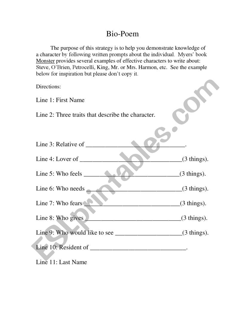 Bio-poem worksheet