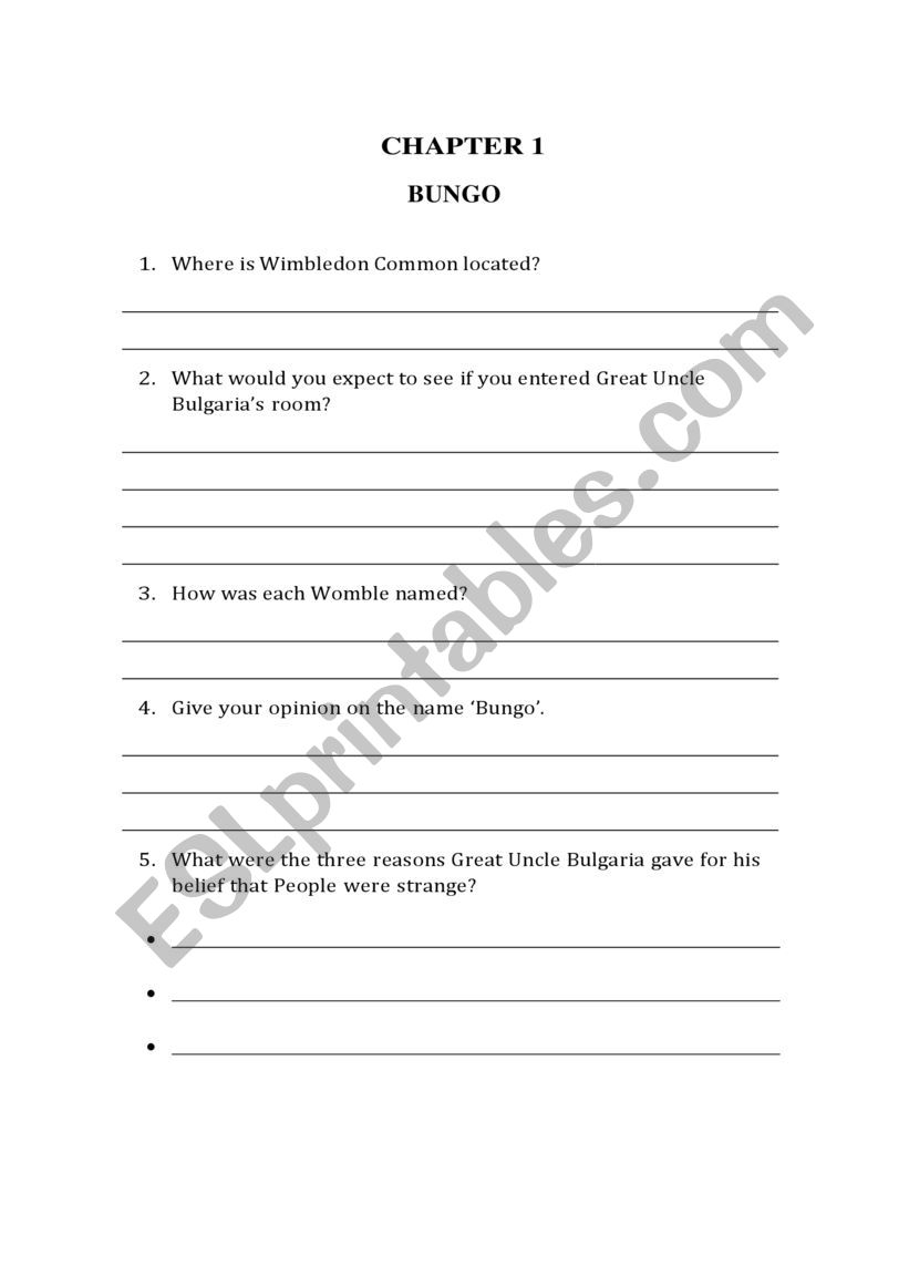 The Wombles chapter 1 worksheet