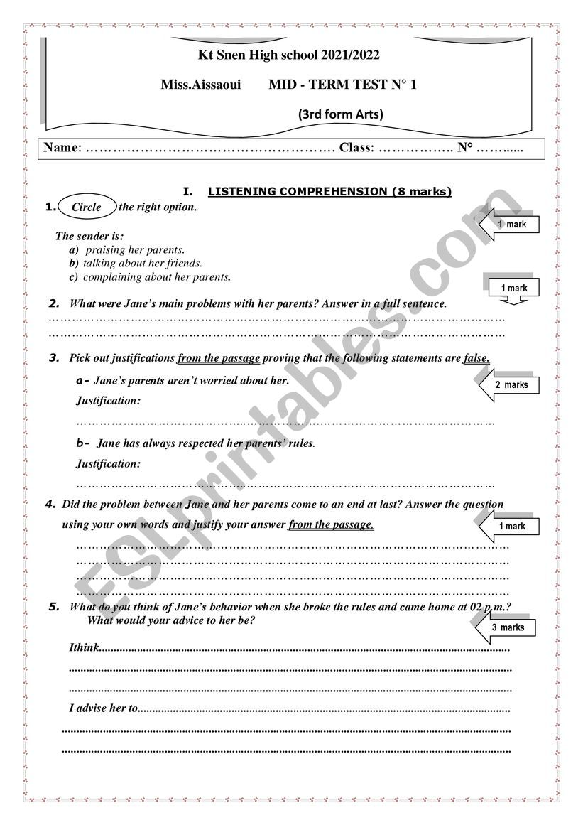 3rd form mid term test n01 worksheet