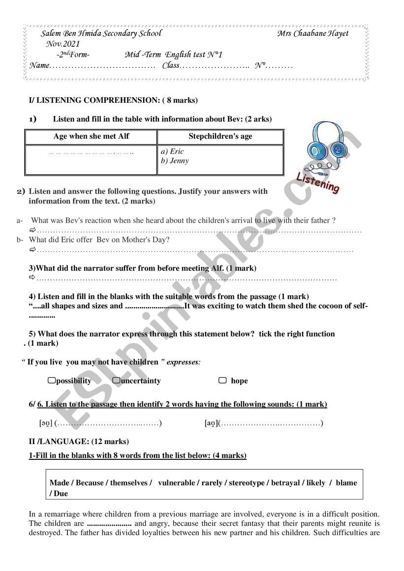 mid term test n1.2nd form worksheet