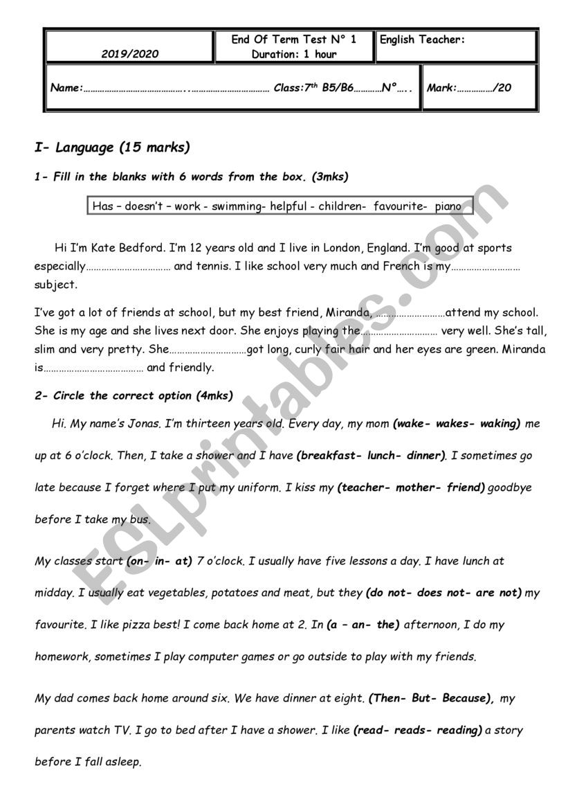 end of term 1 test 7form worksheet