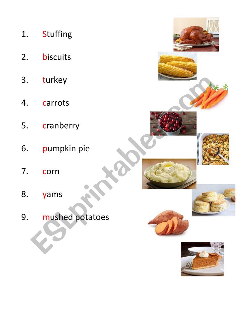 Thanksgiving food matching worksheet