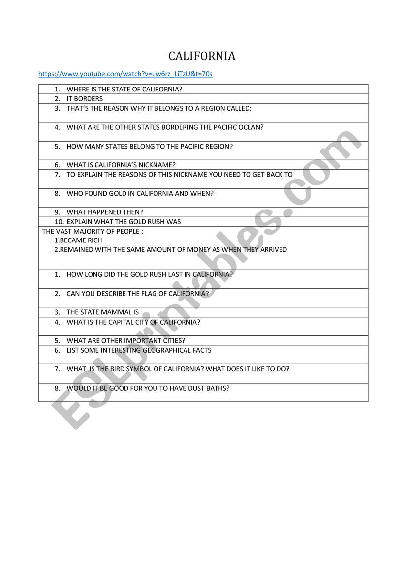 CALIFORNIA worksheet