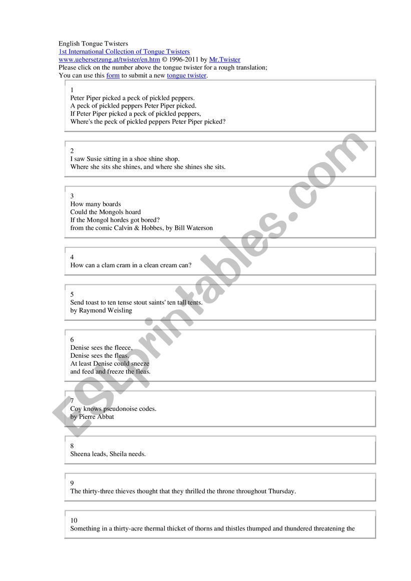 Tongue Twisters worksheet