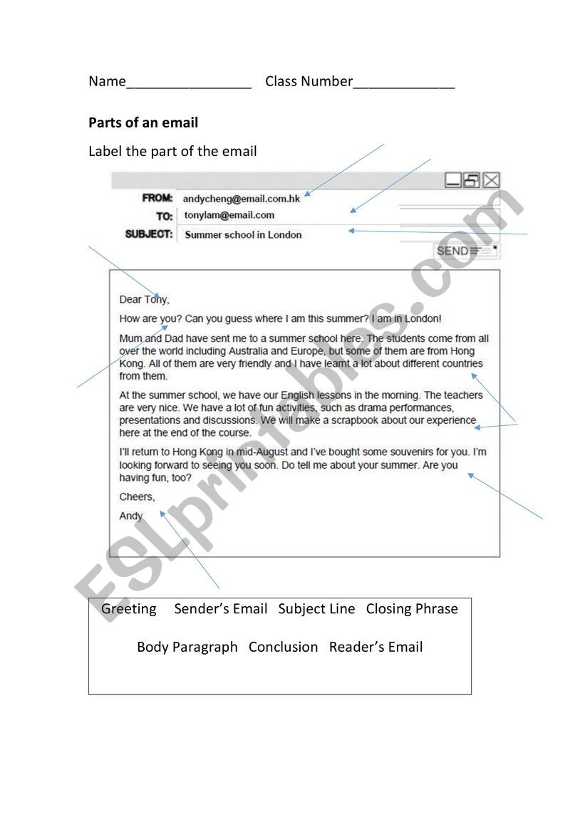 Parts of an Email Guide worksheet