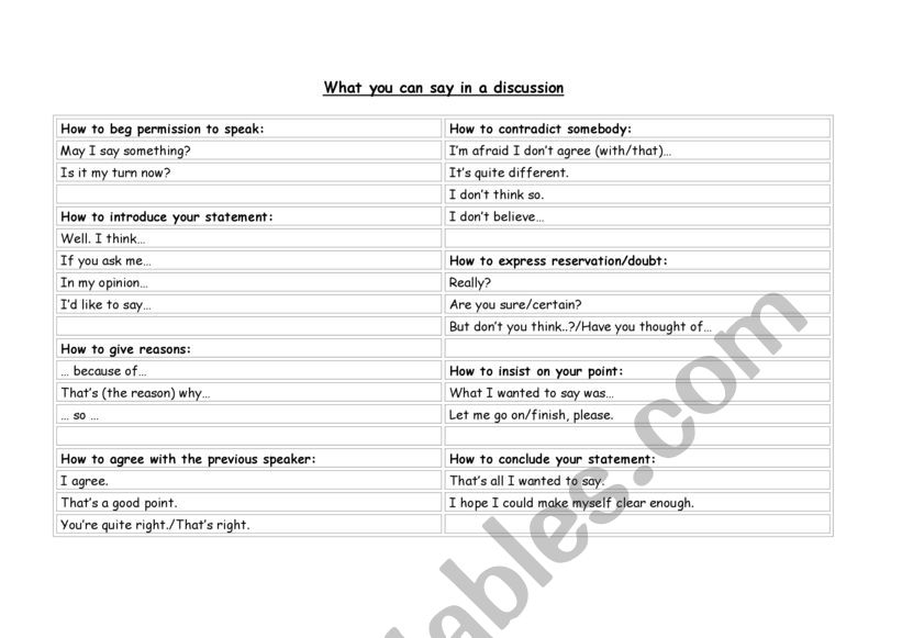 Phrases for discussions worksheet