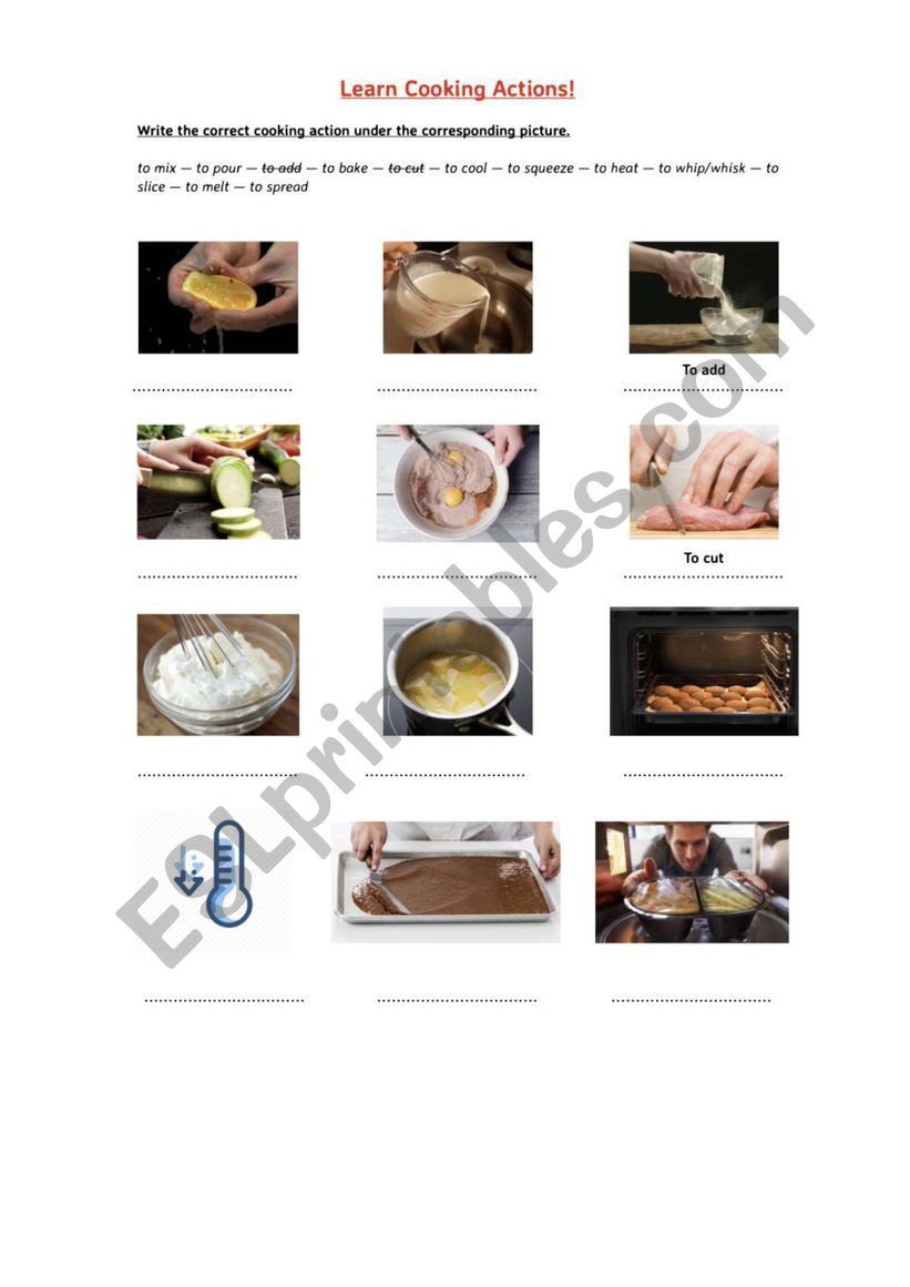 Lear cooking actions worksheet