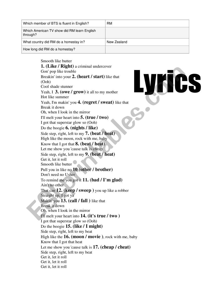 Butter lyrics (BTS) worksheet