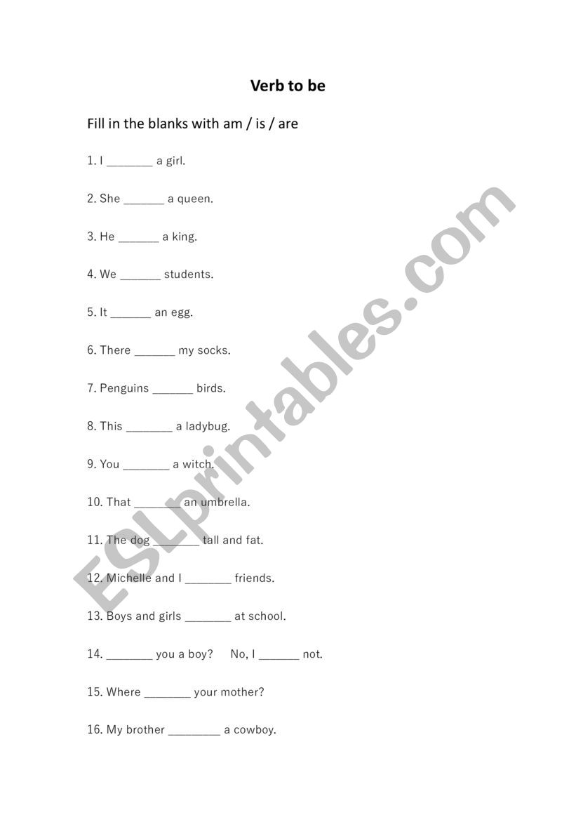 verb to be worksheet