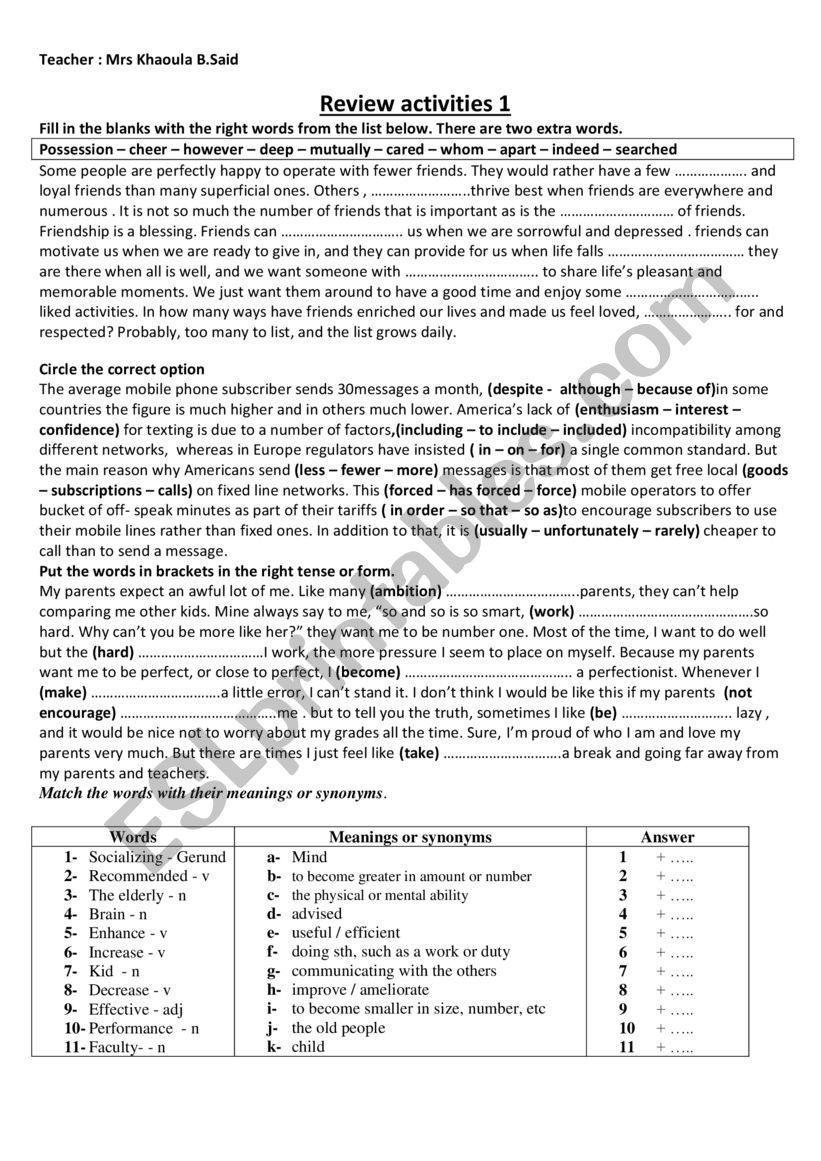 Review Activities for 2nd year tunisian pupils