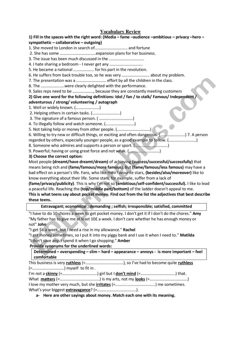 vocabulary review worksheet