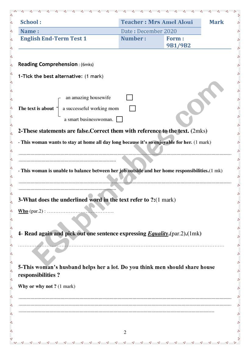 9th End-Term Test 1 worksheet