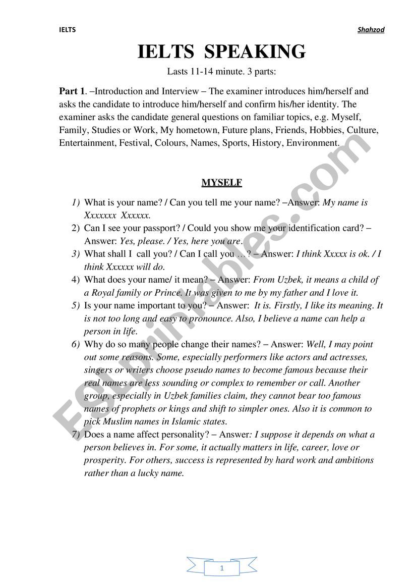 Ielts speaking activities worksheet