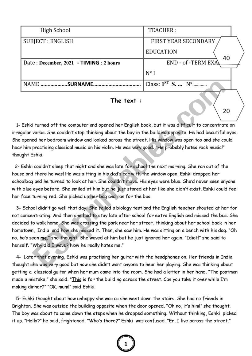 end of term test n1 1st form worksheet