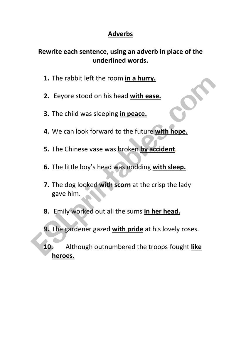 Adverbs sentences worksheet