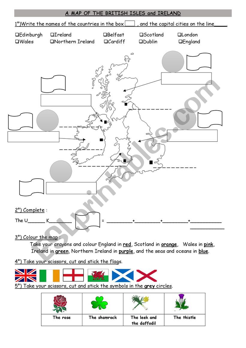 A Map Of The British Isles Flags And Symbols Esl Worksheet By Glusseau