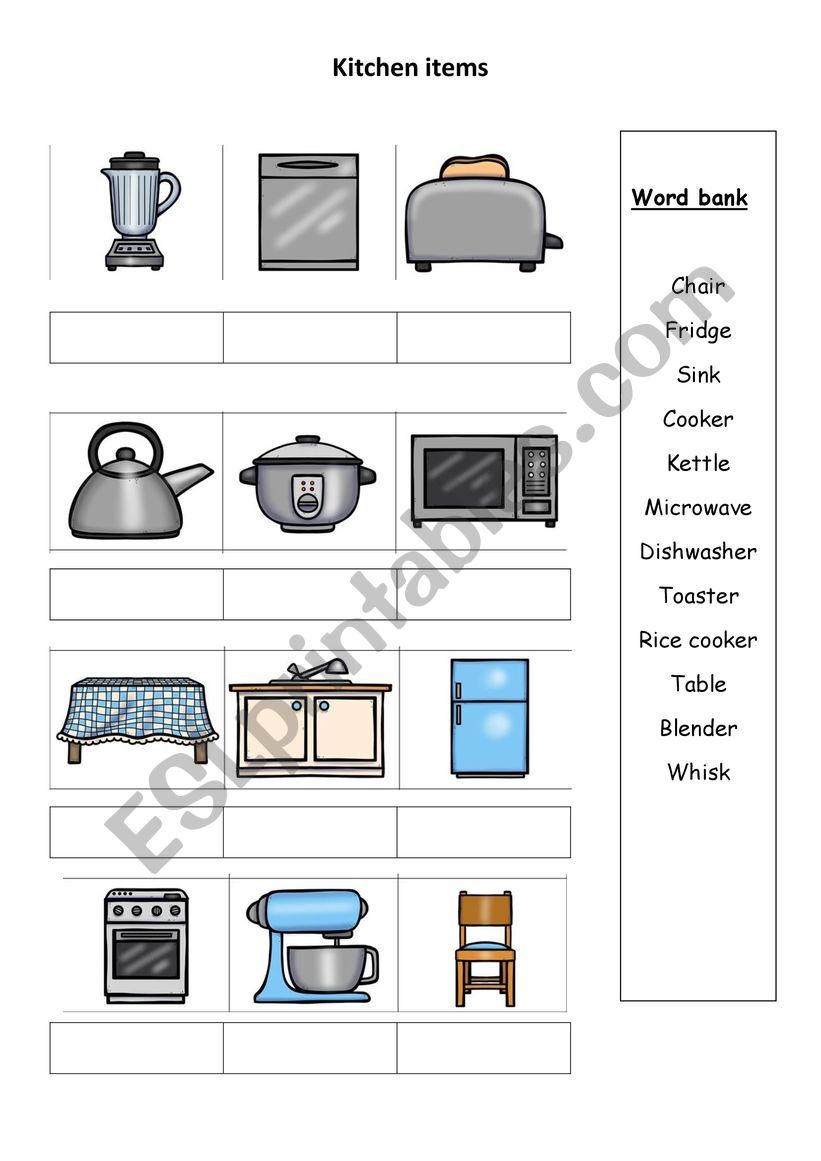 kitchen items vocab worksheet