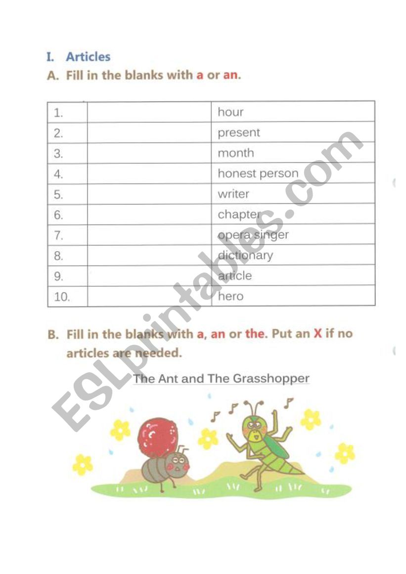 Articles worksheet