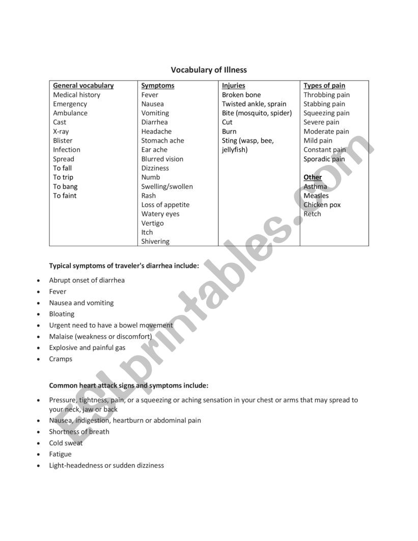 Vocabulary of Illness worksheet