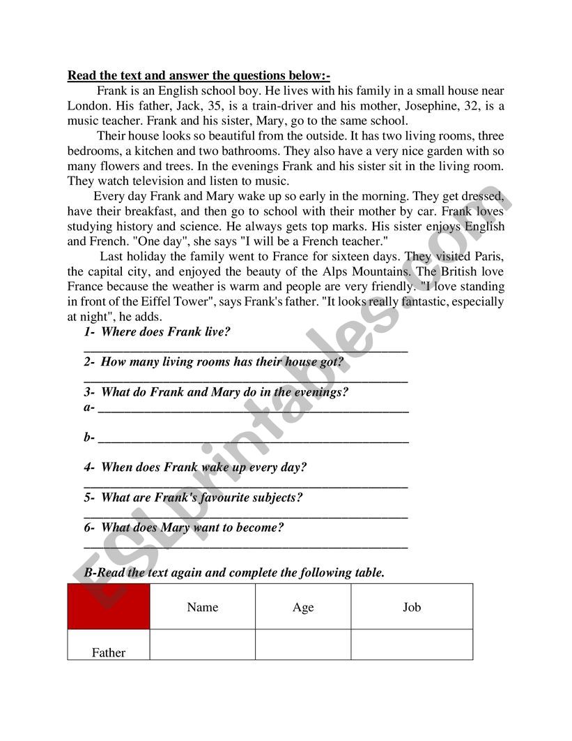 Frank and his family worksheet