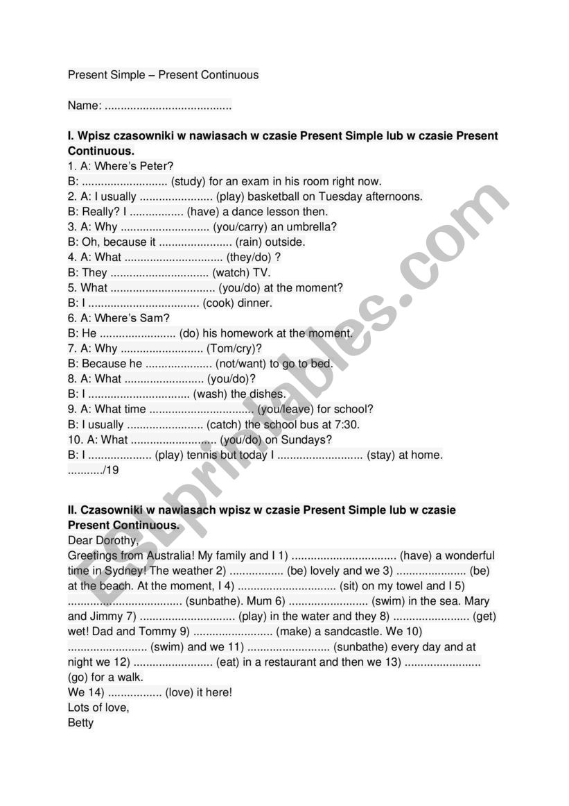 Present Simple/Continuous worksheet