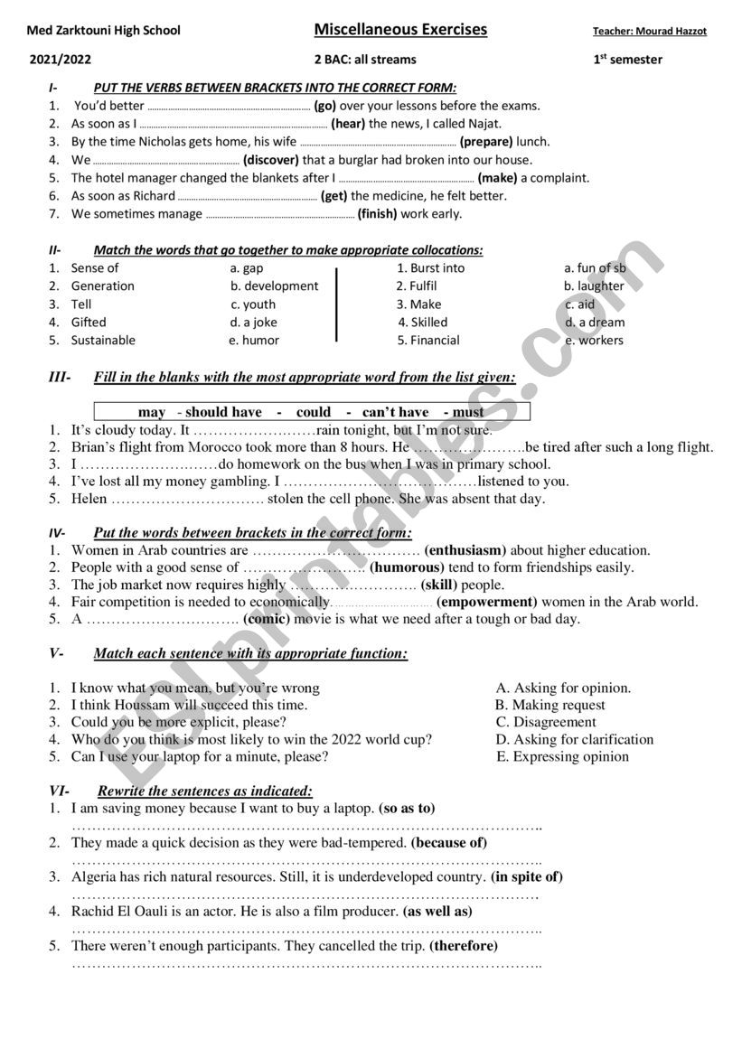 Miscellaneous exercises worksheet