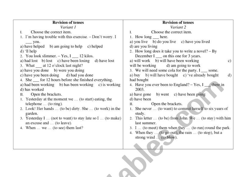 Tenses worksheet