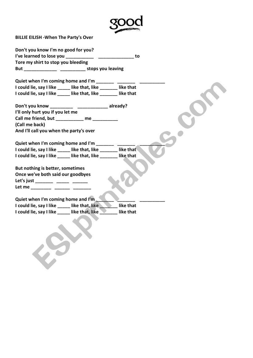 Billie Eilish - When The Party is Over - ESL worksheet by NessaSanchez