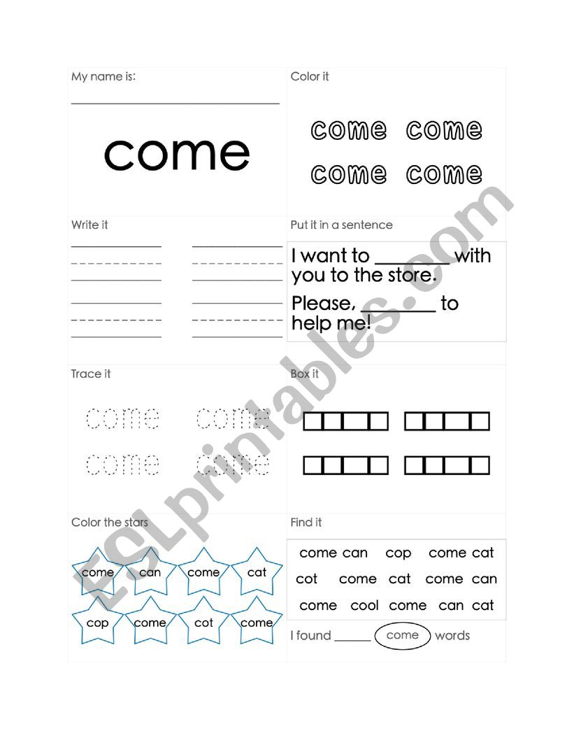 Sight words - Come - practice sheet