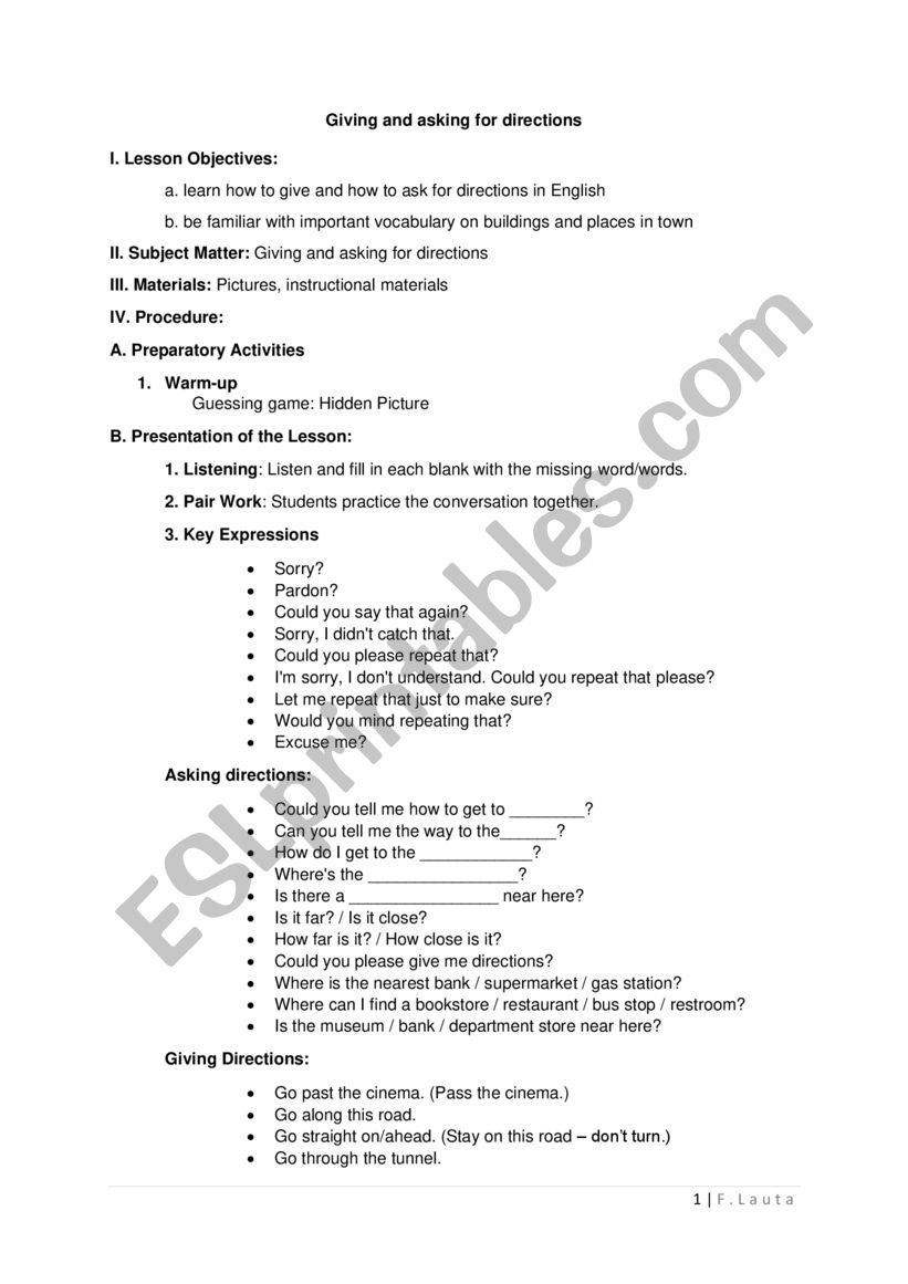 Giving and Asking Directions worksheet