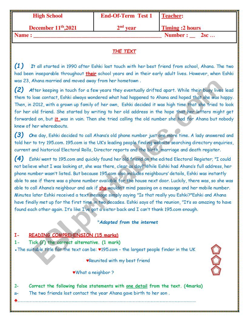 end of term test n1 2nd form worksheet
