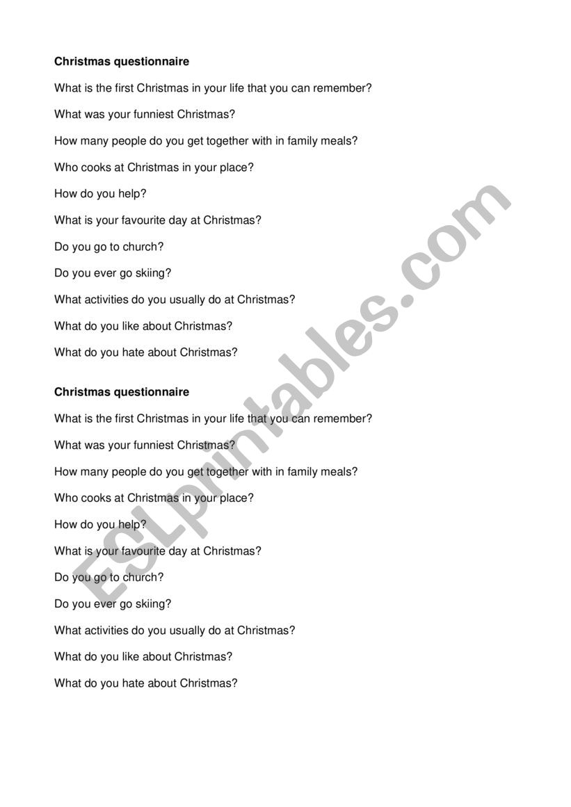 Christmas speaking questions worksheet