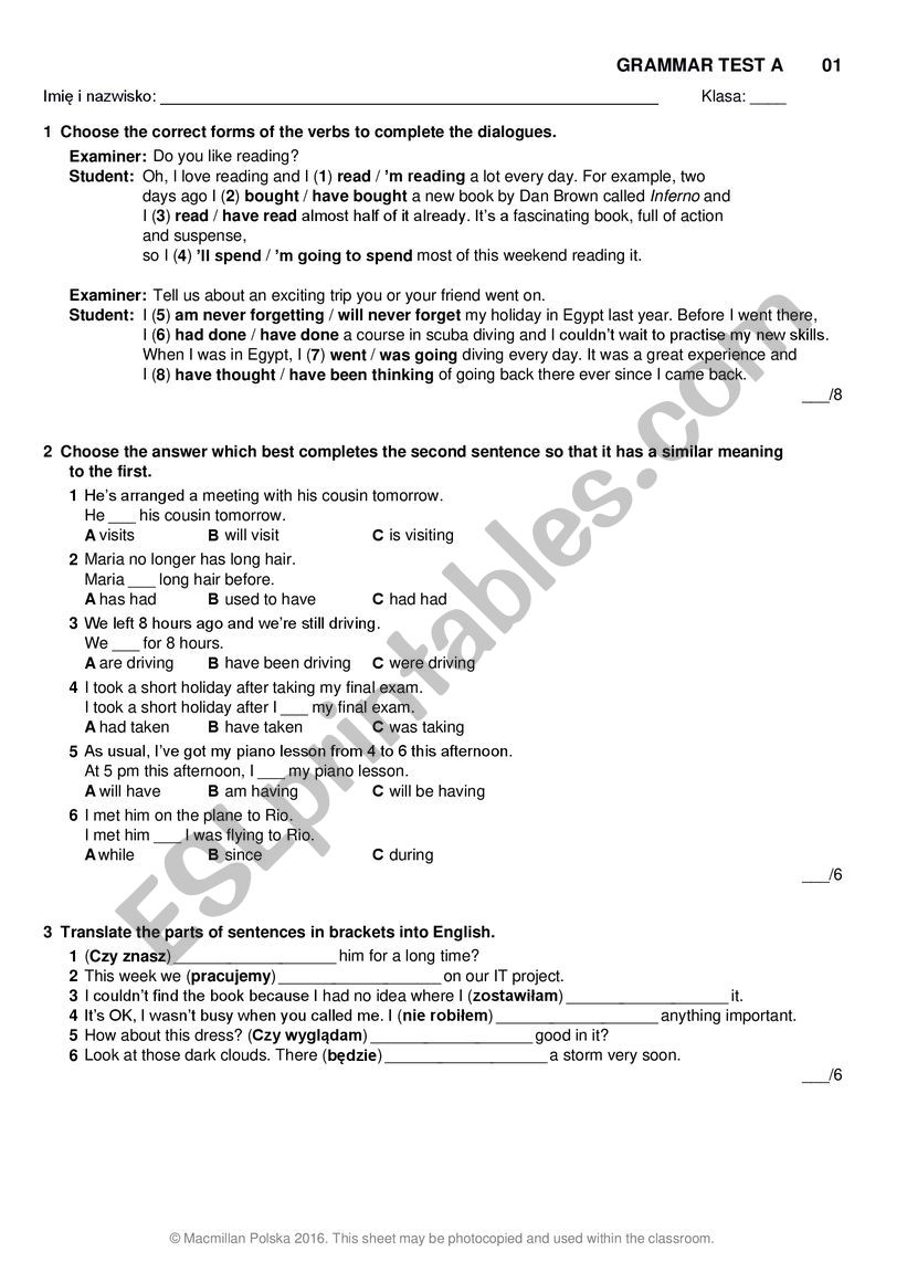 repetytorium test 1 grammar worksheet