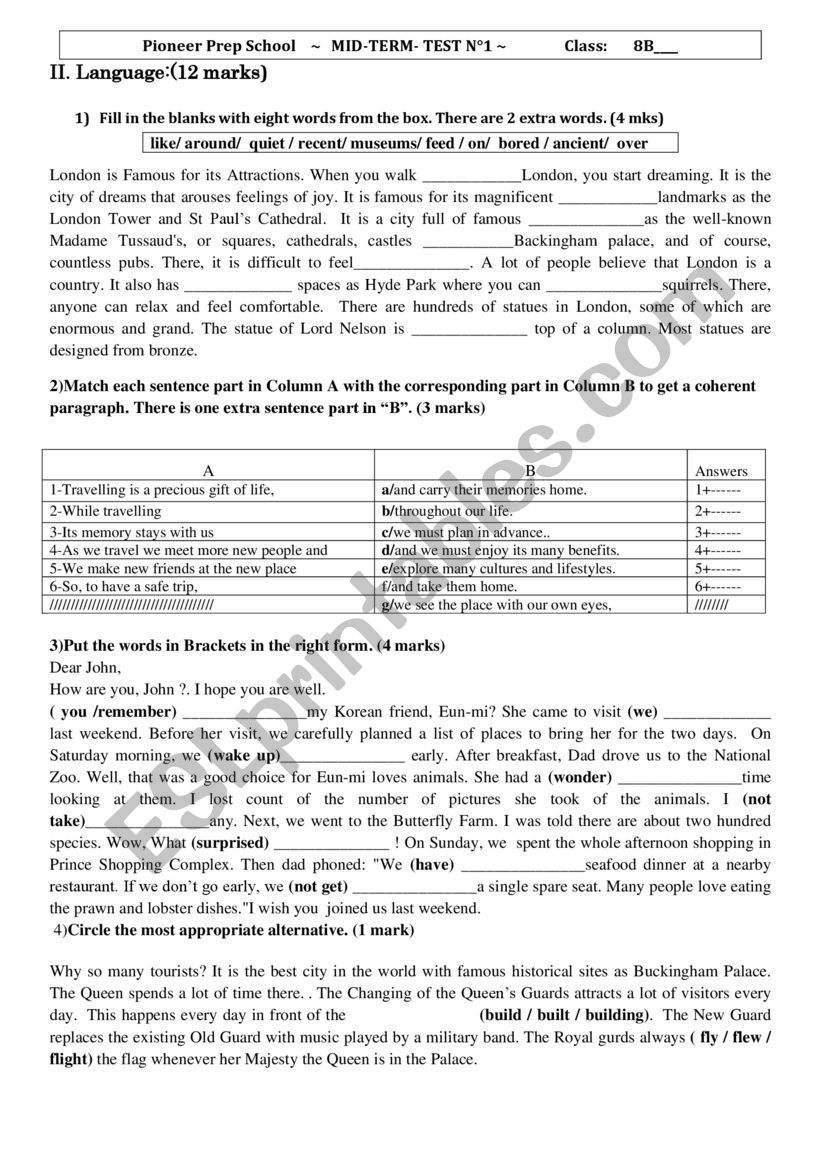 Mid term test 1 ESL Worksheet By Saadoun