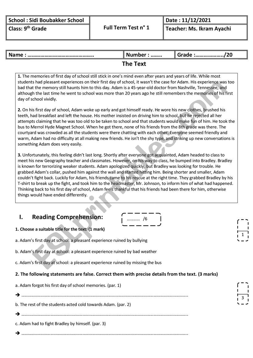 9th Grade - Full Term Test n 1