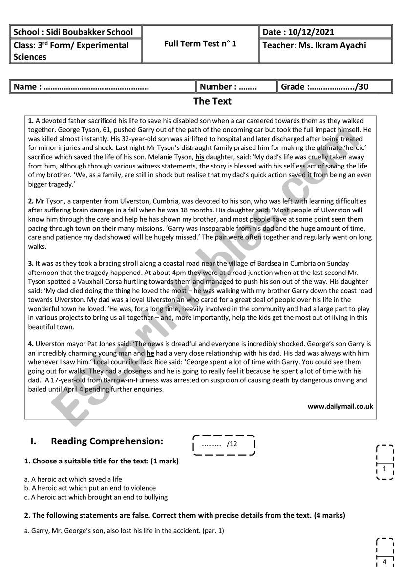 3rd Form - Experimental Sciences - Full Term Test n 1