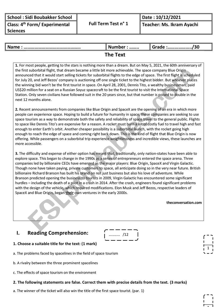 4th Form - Experimental Sciences - Full Term Test n° 1 - ESL worksheet ...