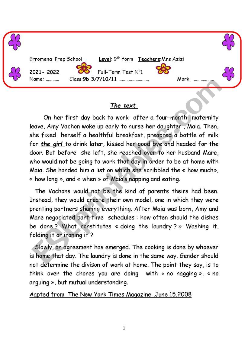 Full term test N°1 - ESL worksheet by mariem hidri