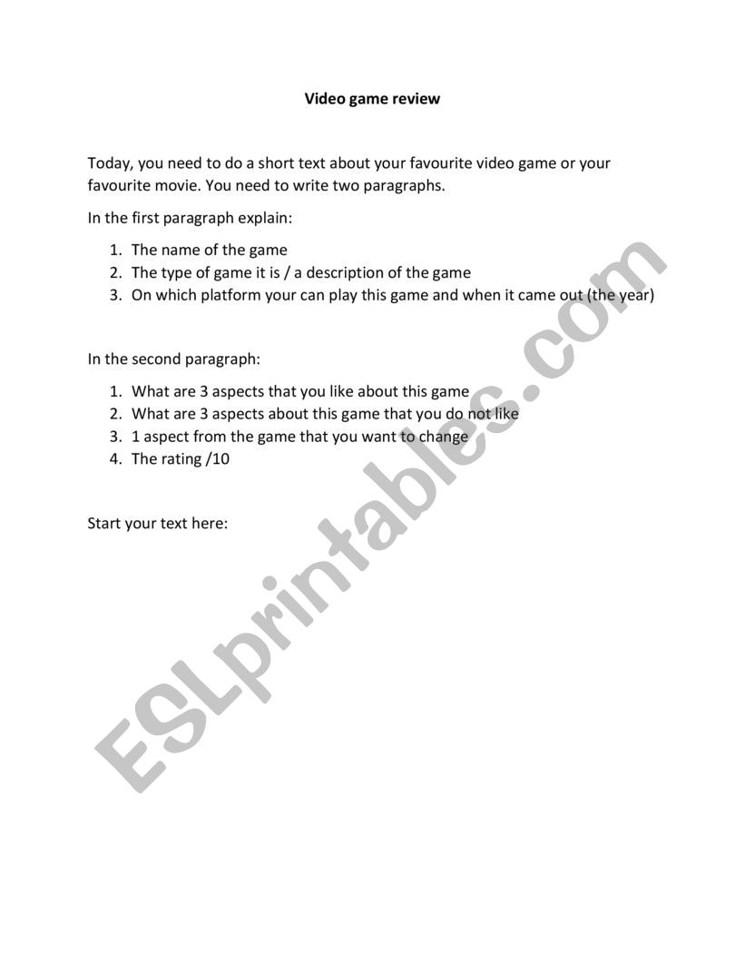 Video Game Review worksheet